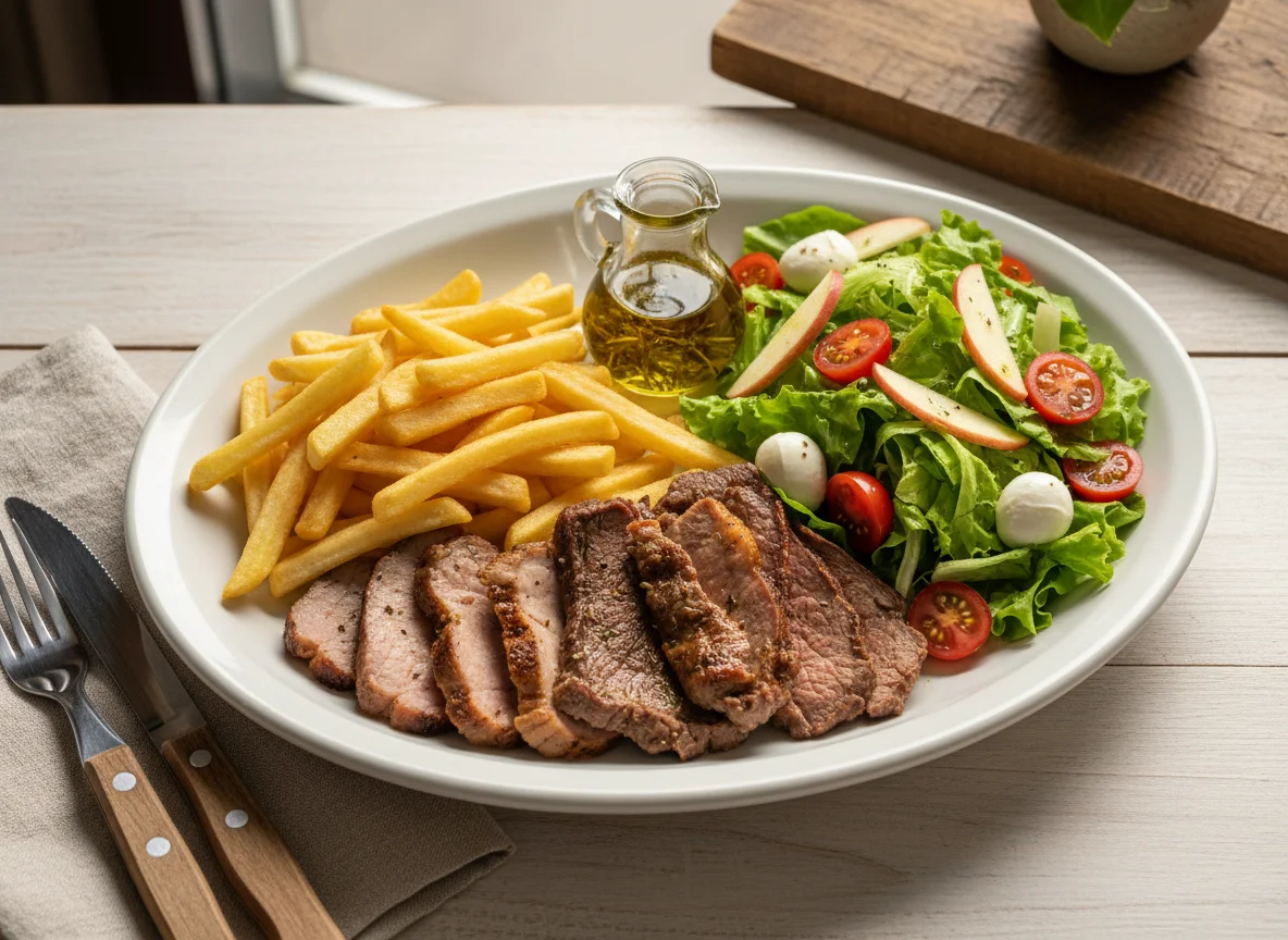 Prato misto com carne assada, batata frita e salada photo