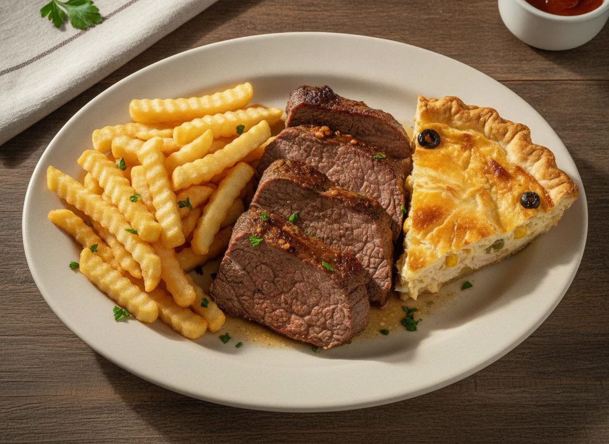 Prato misto com carne assada, batatas fritas e torta salgada photo