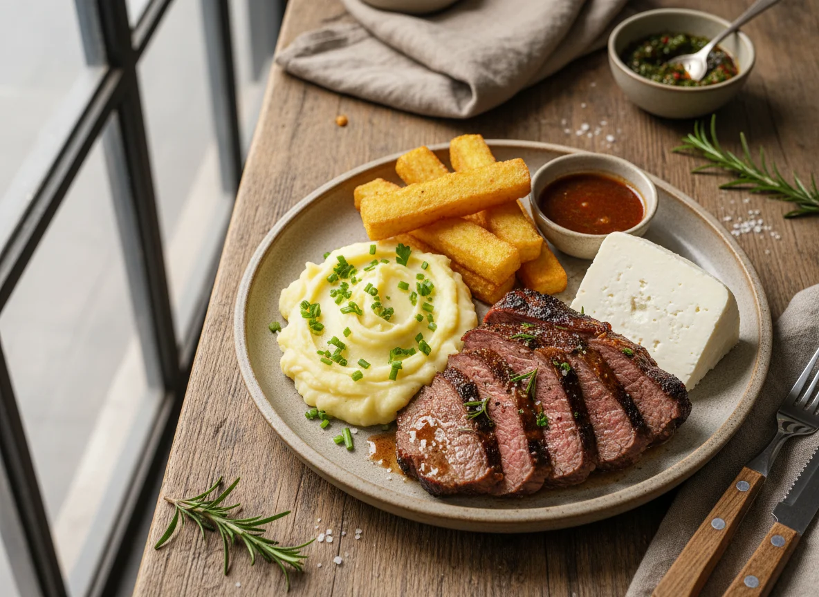 Prato misto com carne assada e acompanhamentos photo