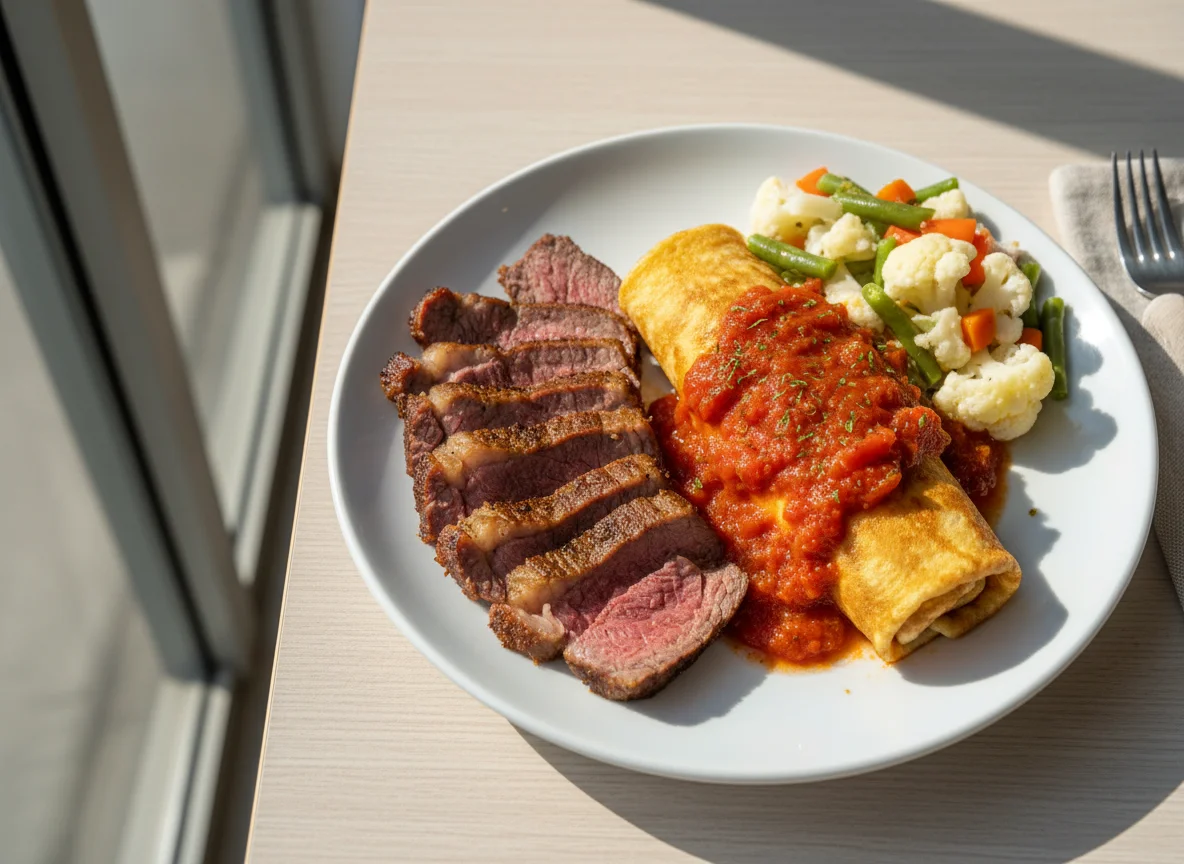 Prato misto com carne assada e panqueca photo