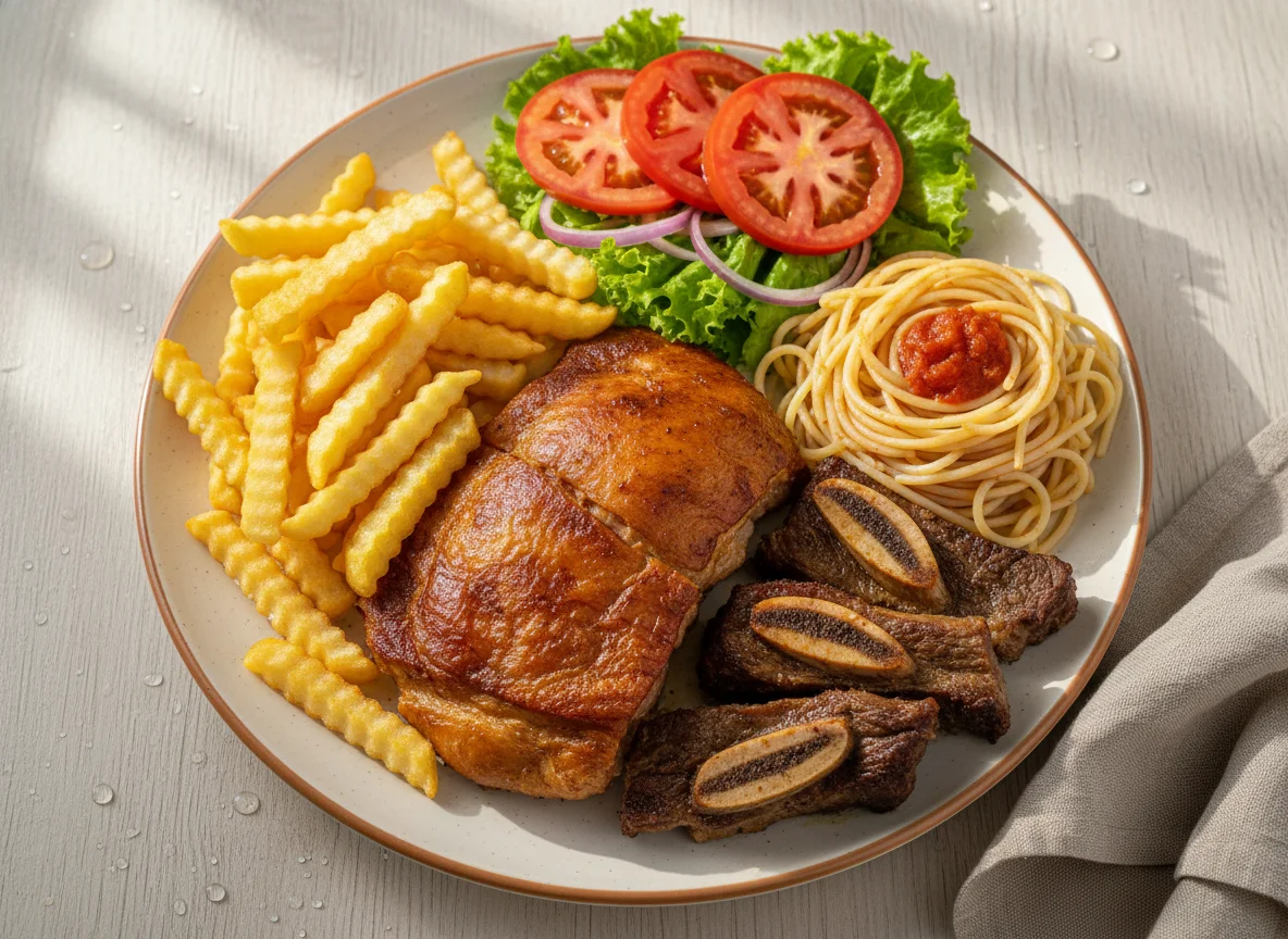 Prato misto com carne assada, macarrão, batata frita e salada photo