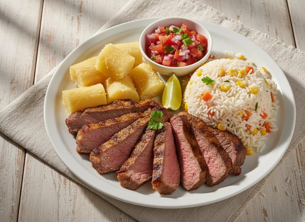 Prato misto com carne assada, mandioca, arroz e vinagrete photo
