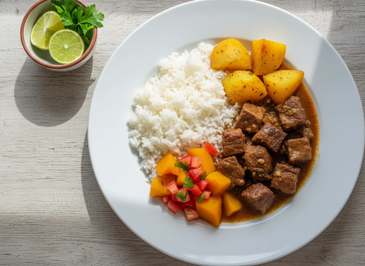 Prato misto com carne, batata, abóbora e tomate photo
