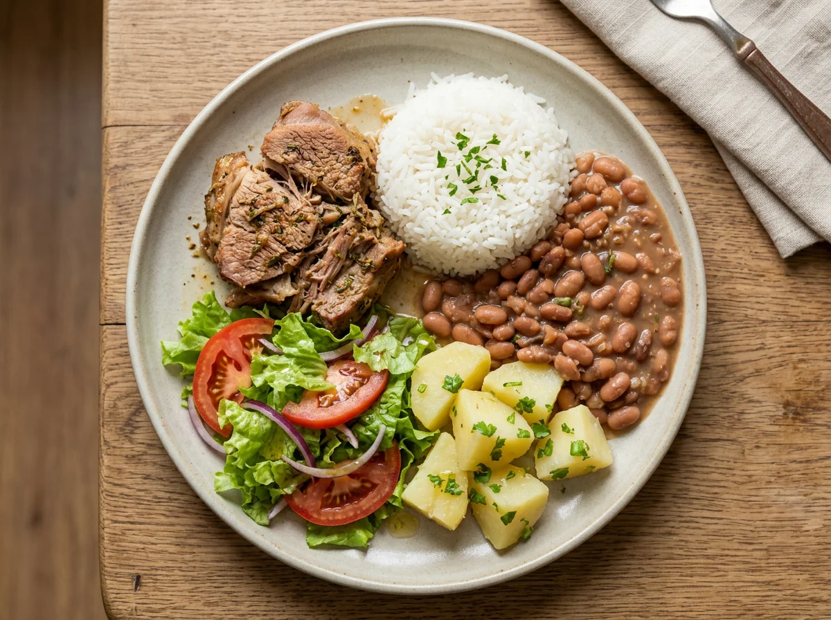 Prato misto com carne, batata, arroz, feijão e salada photo