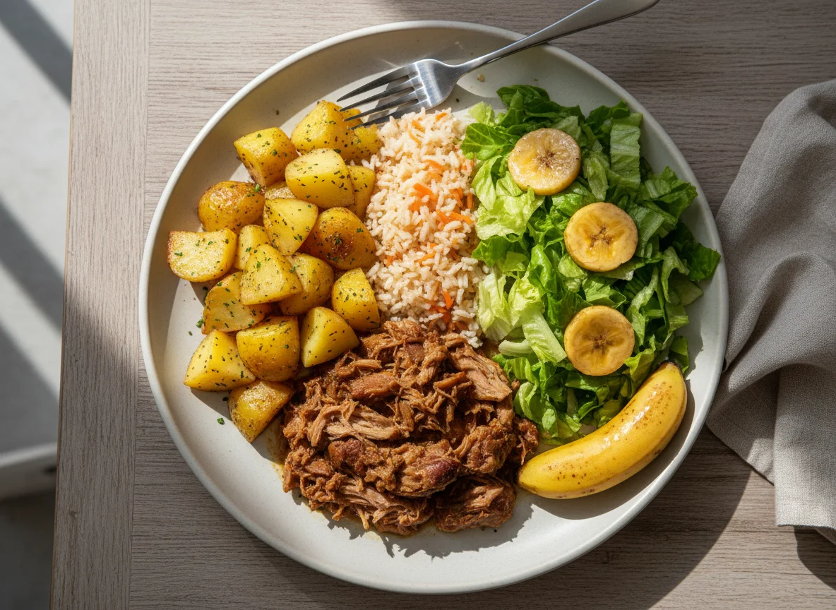Prato misto com carne, batata, arroz, salada e banana photo
