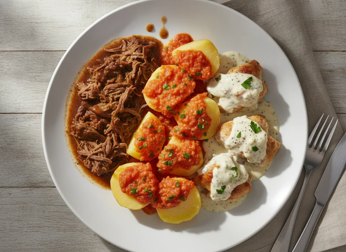 Prato misto com carne, batata e frango ao molho photo