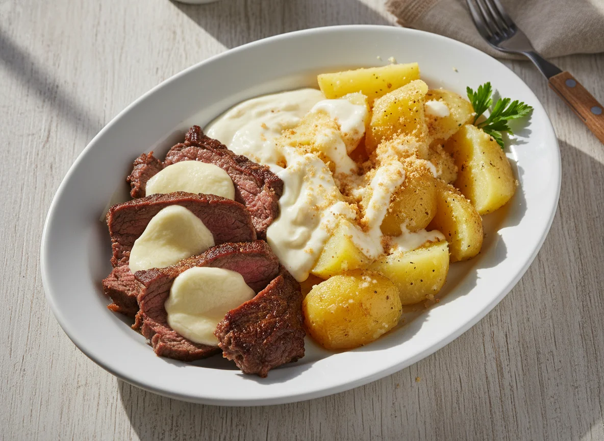 Prato misto com carne, batata e molho photo