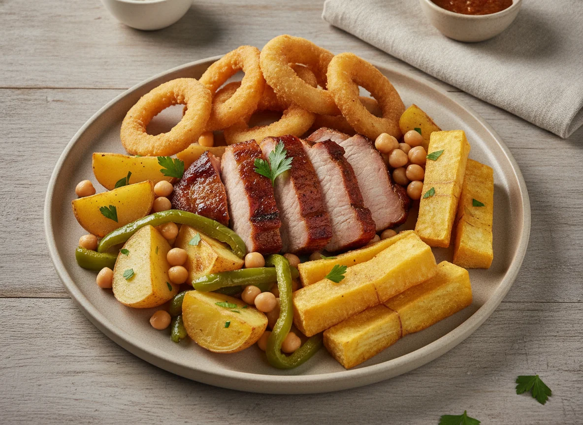 Prato misto com carne, batatas, anéis de cebola e vegetais photo