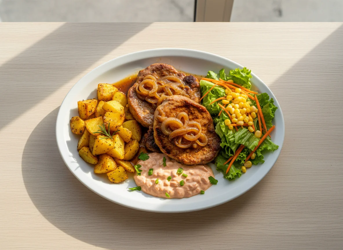 Prato misto com carne, batatas e salada photo