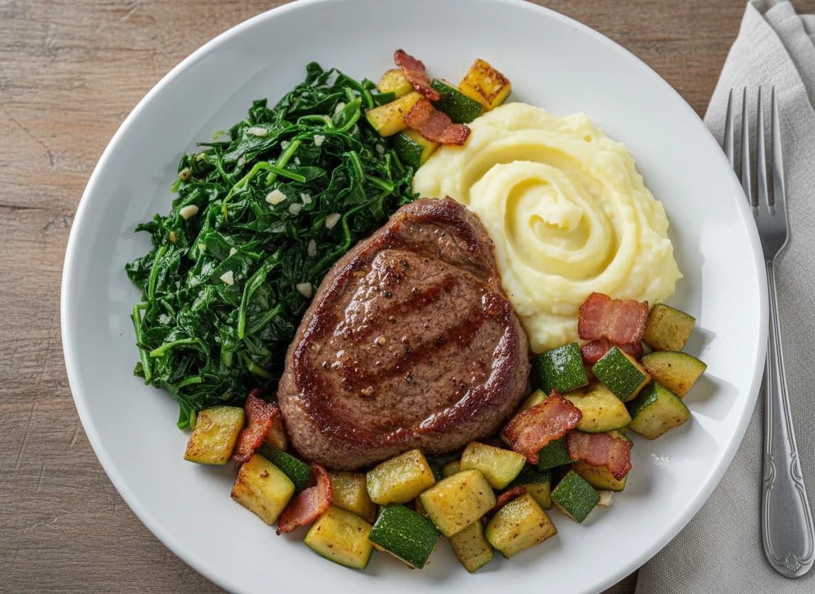 Prato misto com carne, couve, purê e legumes photo