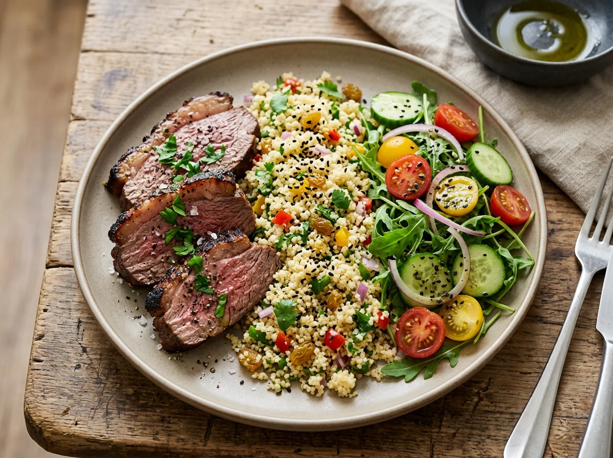 Prato misto com carne, cuscuz e salada photo