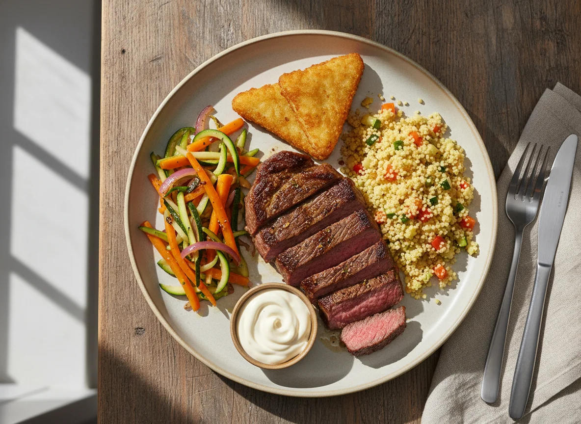 Prato misto com carne, cuscuz, legumes e batata photo