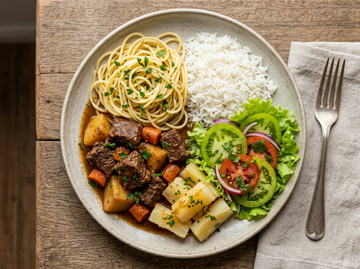 Prato misto com carne de panela, macarrão, arroz e salada photo