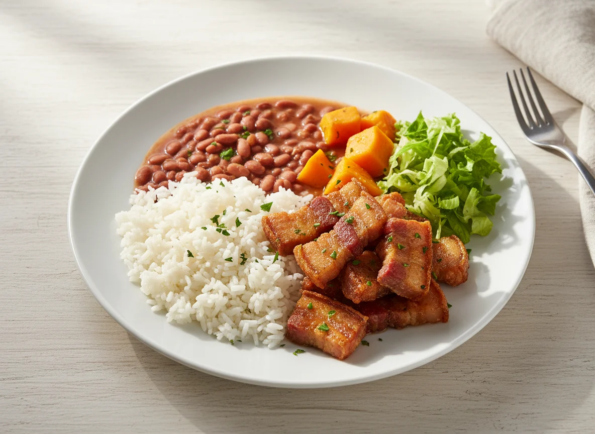 Prato misto com carne de porco, arroz, feijão e batata doce photo