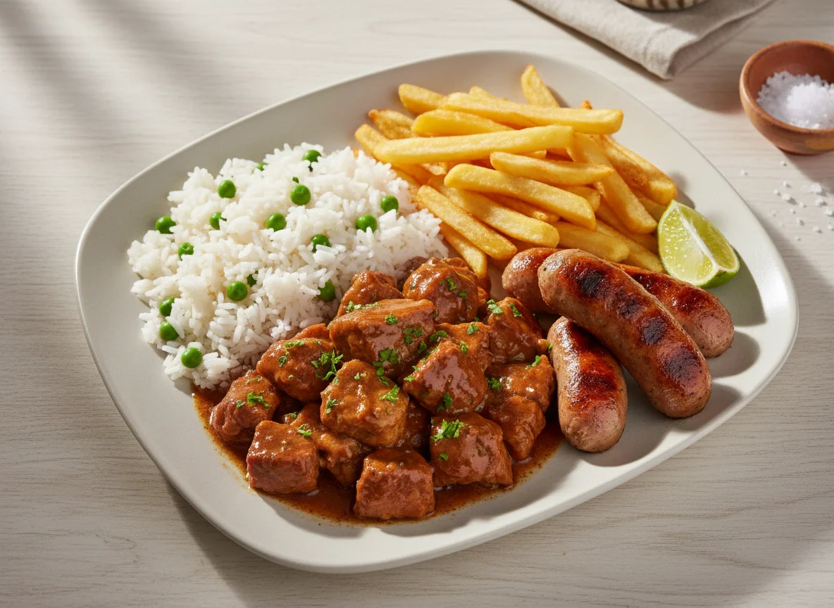 Prato misto com carne de porco, batatas e arroz photo