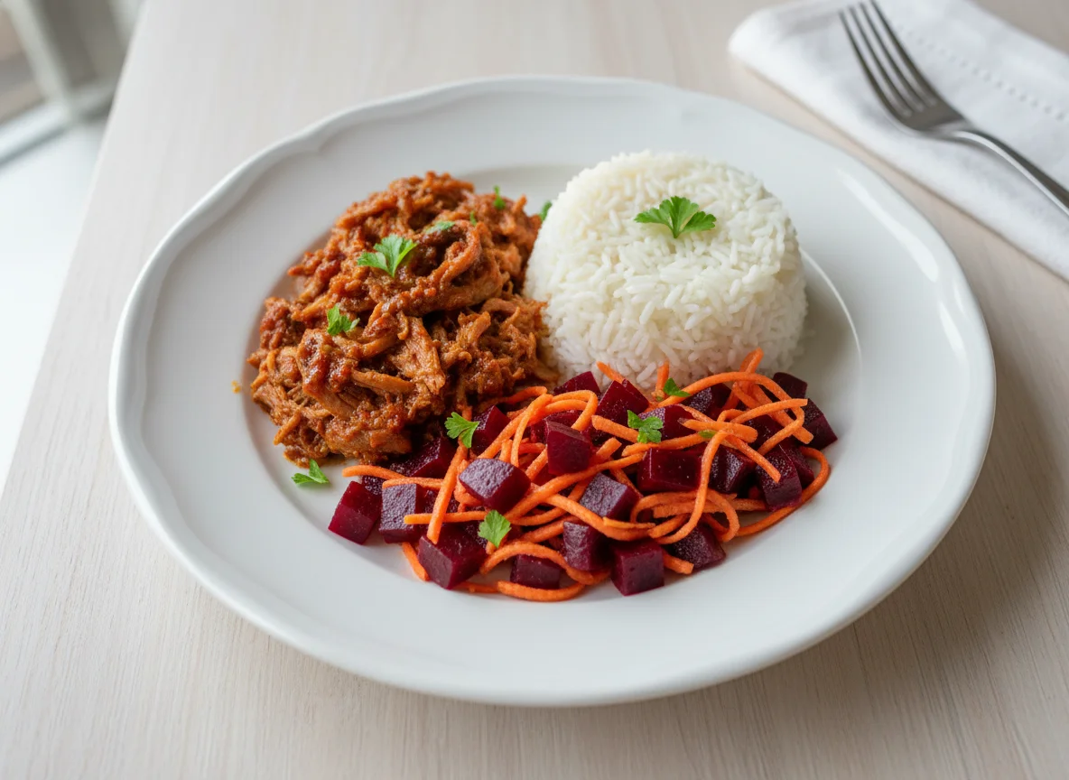 Prato misto com carne de porco desfiada, arroz e salada photo