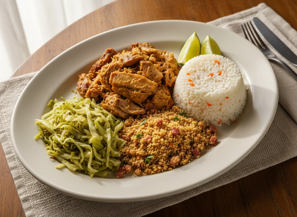 Prato misto com carne de porco desfiada, arroz, farofa e repolho refogado photo
