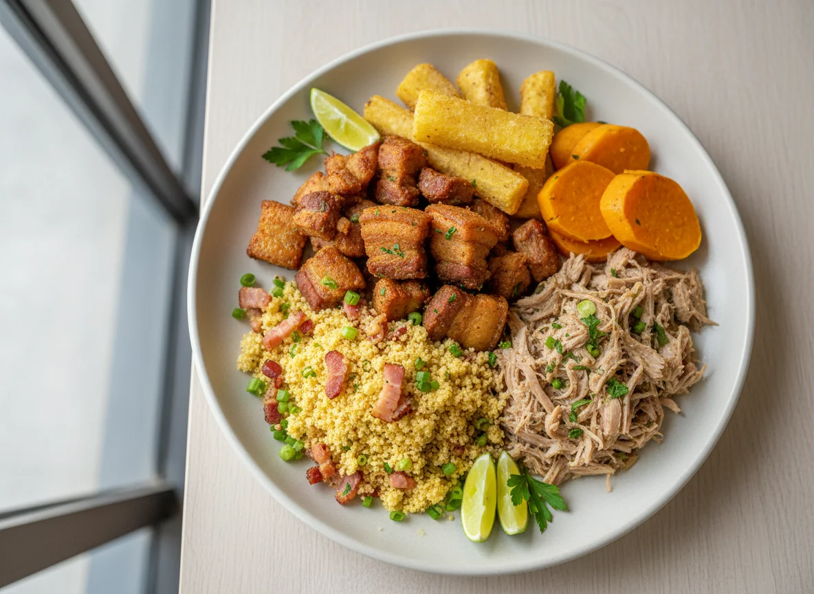 Prato misto com carne de porco e farofa photo