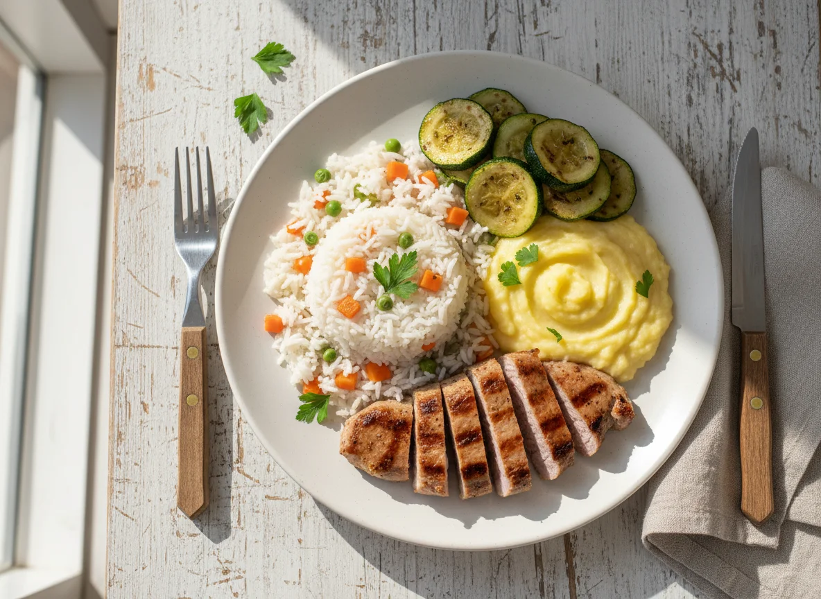 Prato misto com carne de porco e legumes photo