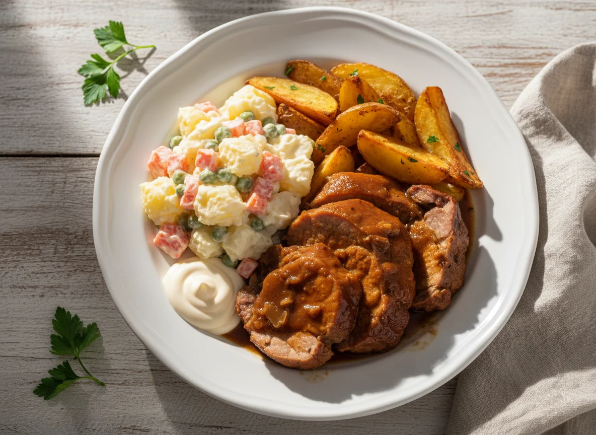 Prato misto com carne de porco e salada de maionese photo