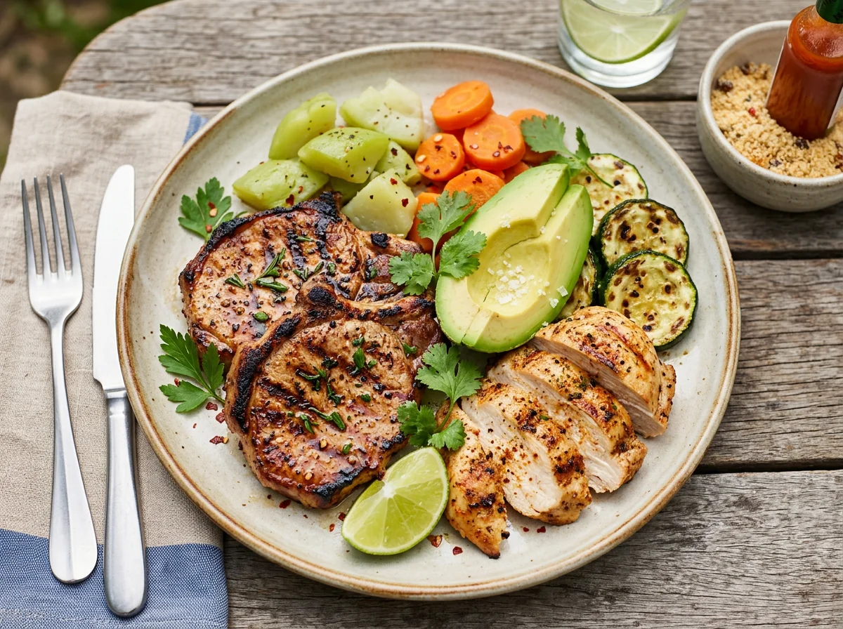 Prato misto com carne de porco, frango, abacate e vegetais photo