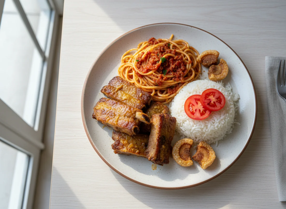 Prato misto com carne de porco, macarrão e arroz photo