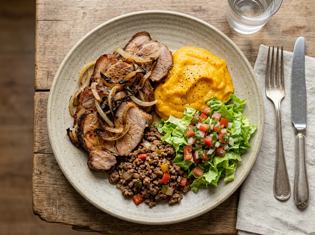 Prato misto com carne de porco, purê de abóbora e salada photo