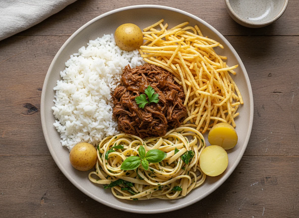 Prato misto com carne desfiada photo