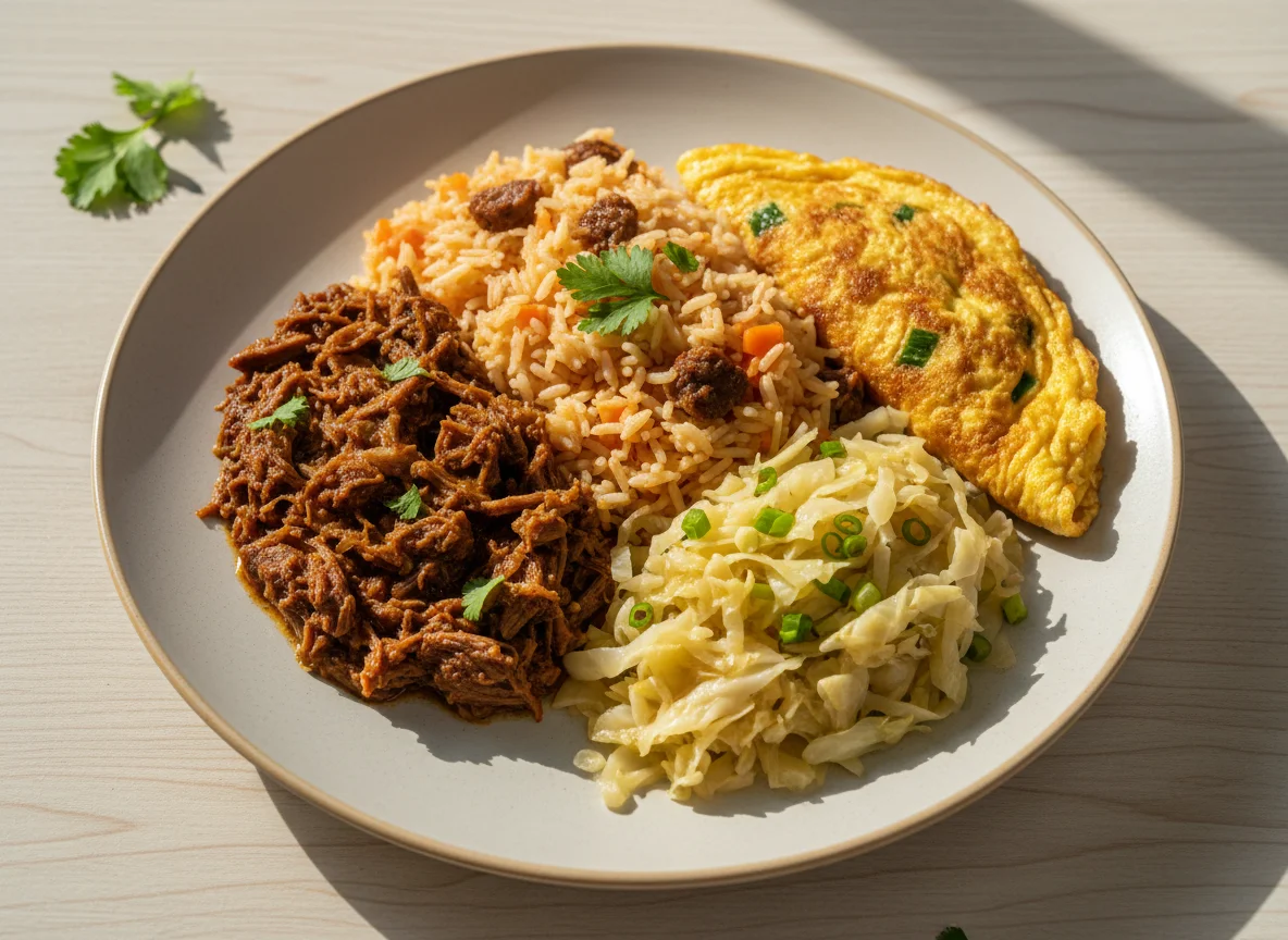 Prato misto com carne desfiada, arroz, repolho e omelete photo
