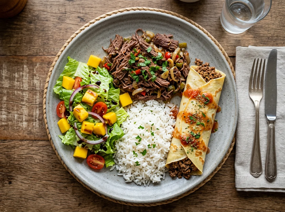 Prato misto com carne desfiada, arroz, salada e panqueca photo
