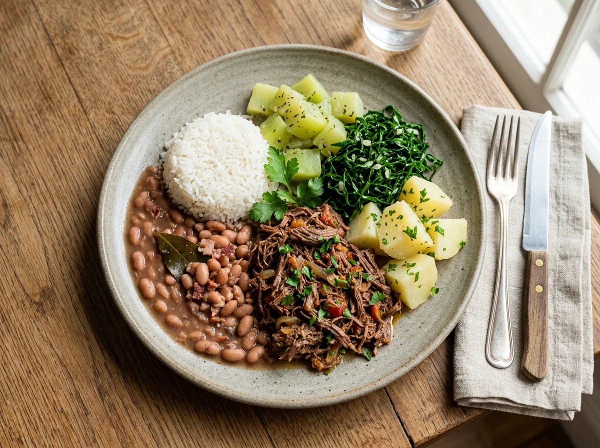 Prato misto com carne desfiada, feijão, arroz e legumes photo