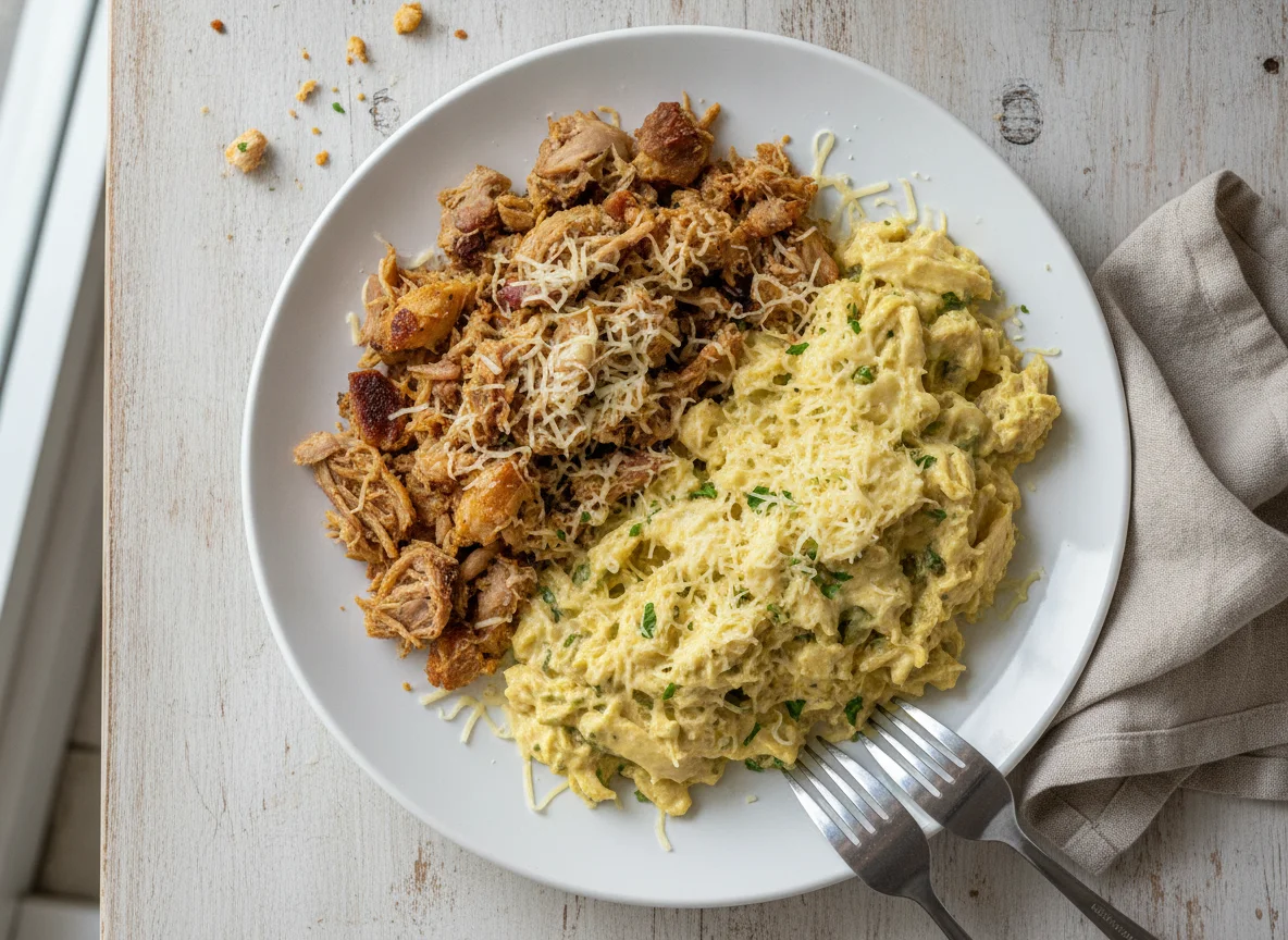 Prato misto com carne desfiada, frango cremoso e queijo photo