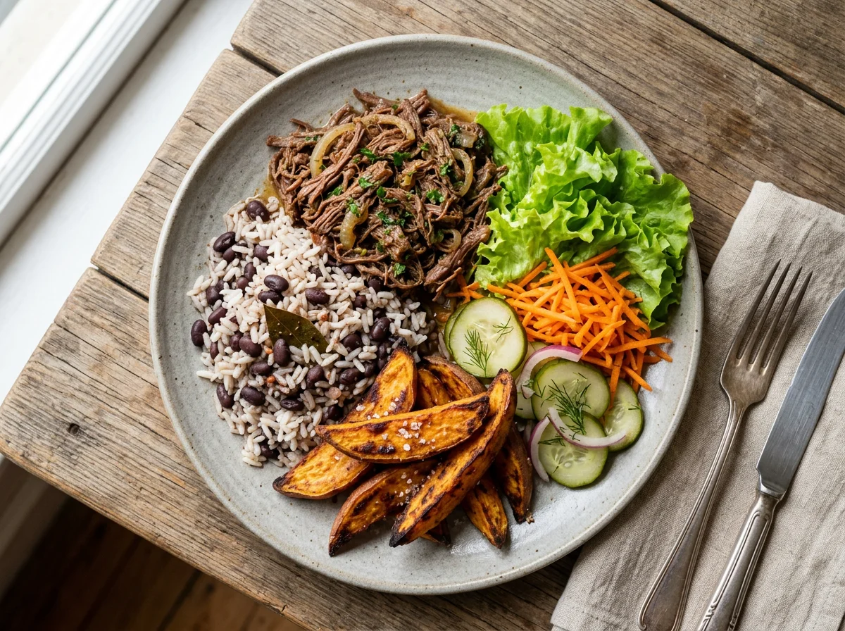 Prato misto com carne e batata doce photo