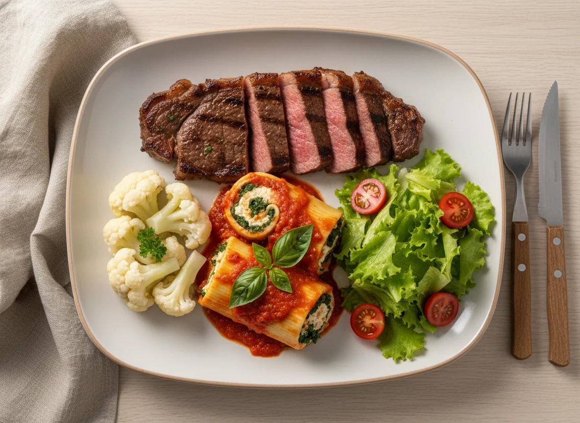 Prato misto com carne e massa photo