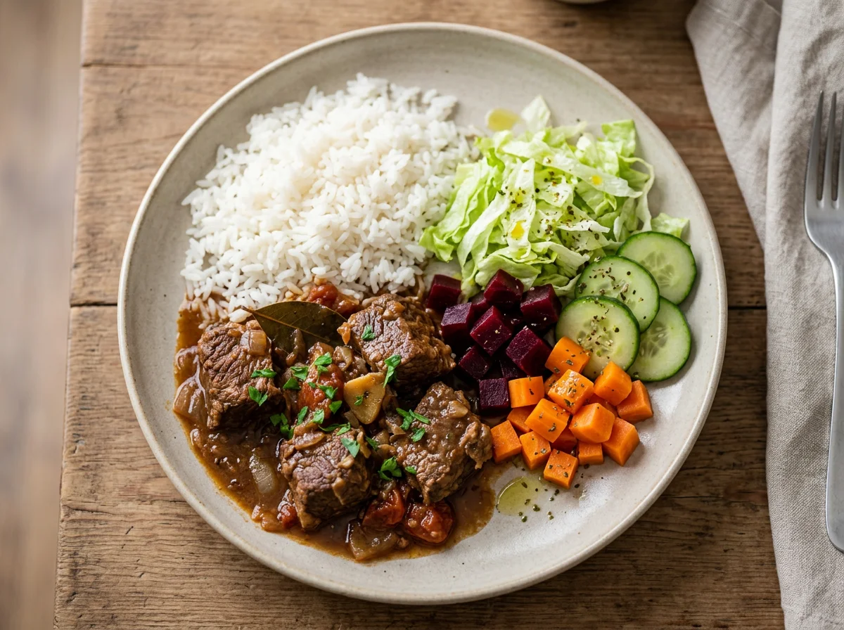 Prato misto com carne ensopada, arroz e salada photo