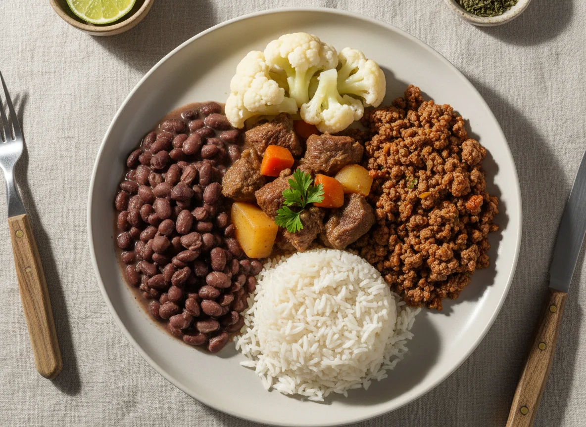 Prato misto com carne estufada, carne picada, feijão, arroz e couve-flor photo