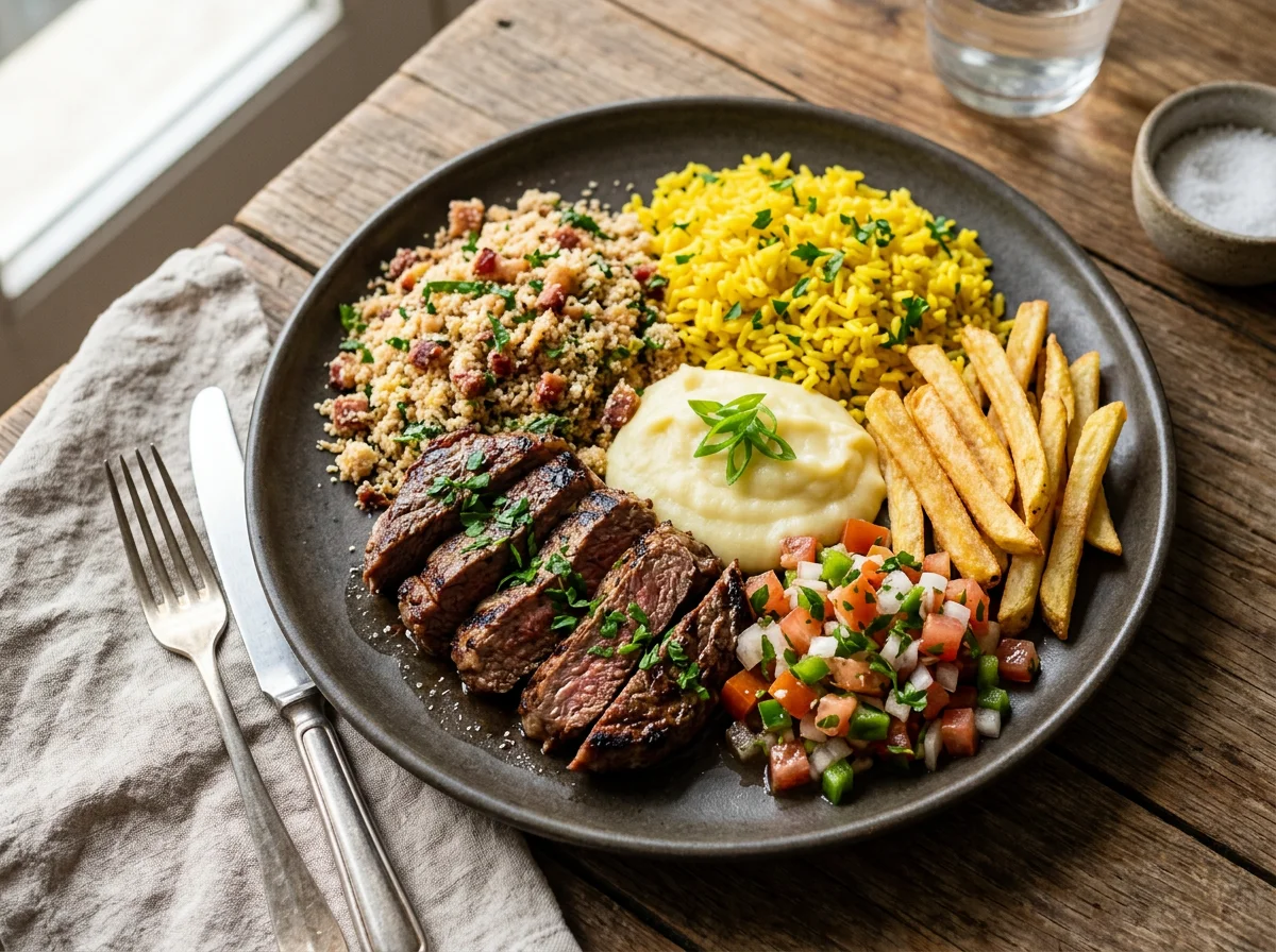 Prato misto com carne, farofa e acompanhamentos photo