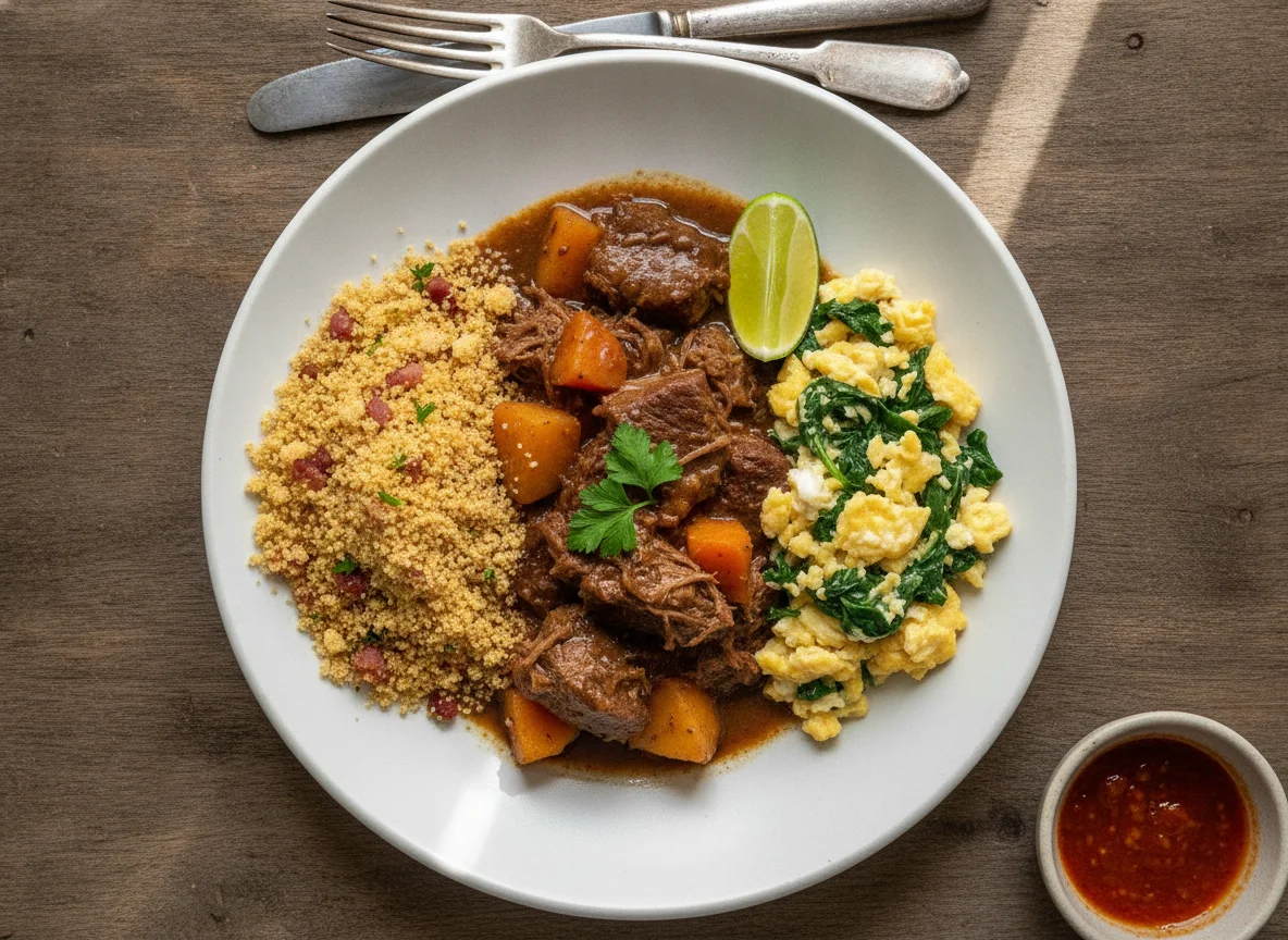 Prato misto com carne, farofa e ovos mexidos photo
