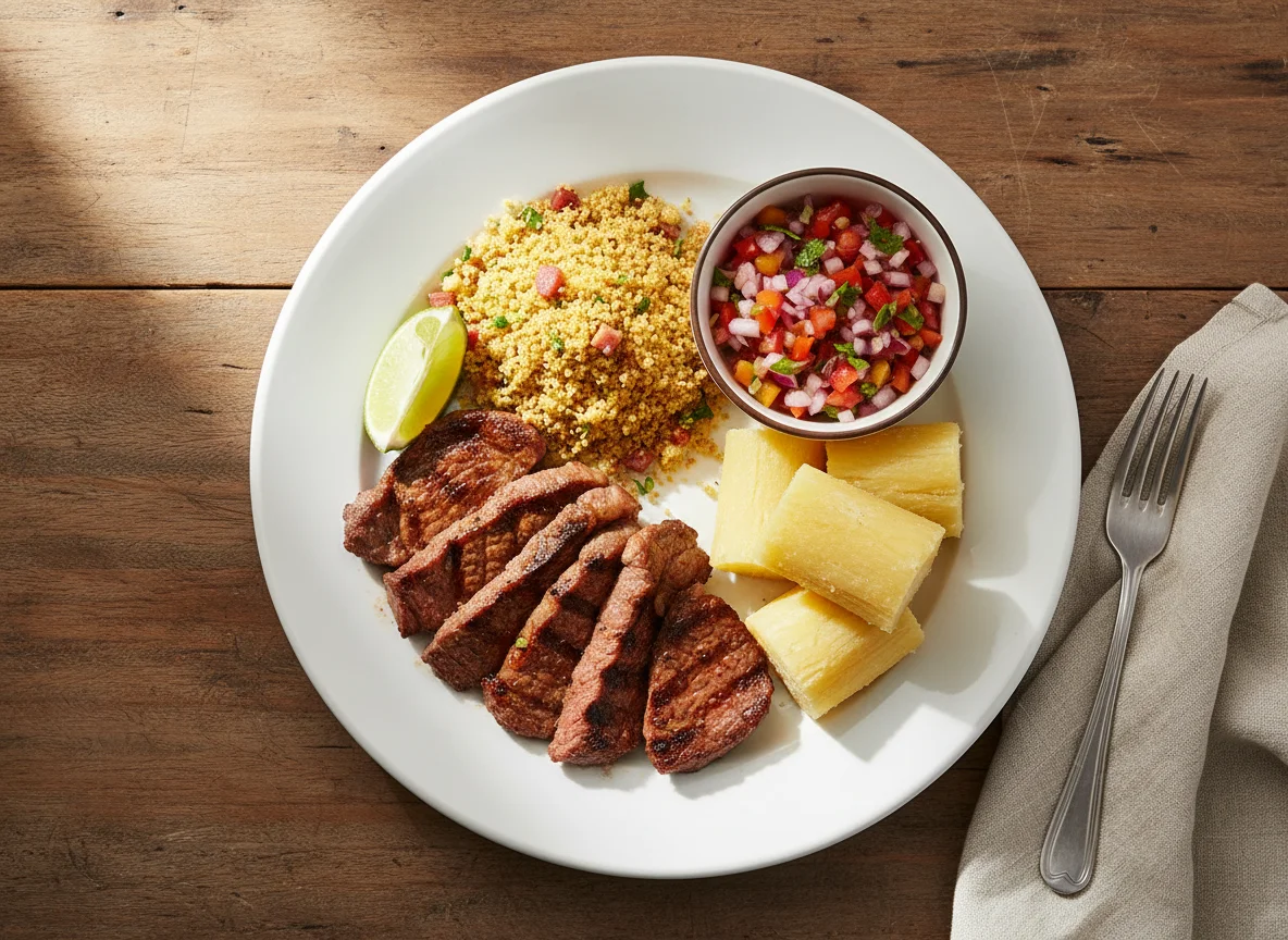 Prato misto com carne, farofa, vinagrete e mandioca photo