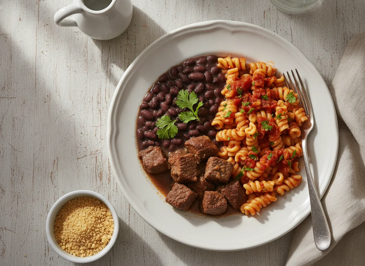 Prato misto com carne, feijão e macarrão photo