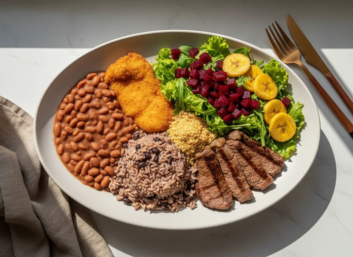 Prato misto com carne, feijão e salada photo