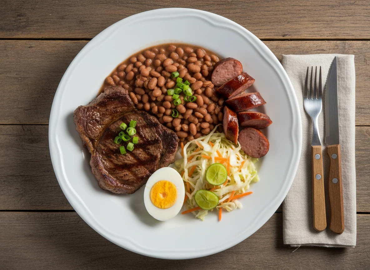 Prato misto com carne, feijão, linguiça, ovo e salada photo