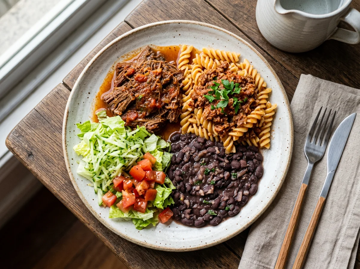 Prato misto com carne, feijão, massa e salada photo