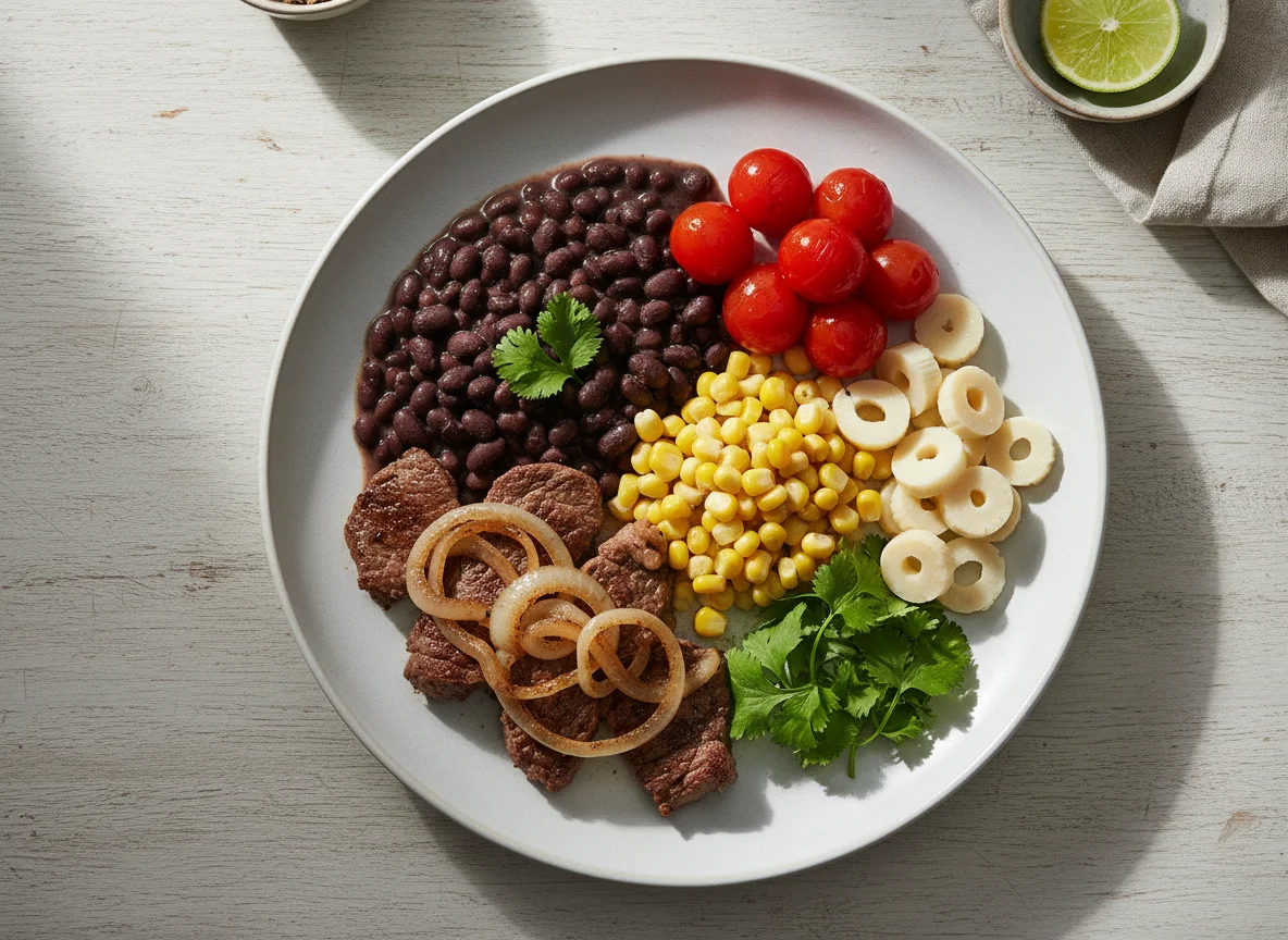 Prato misto com carne, feijão, milho, tomate cereja e palmito photo
