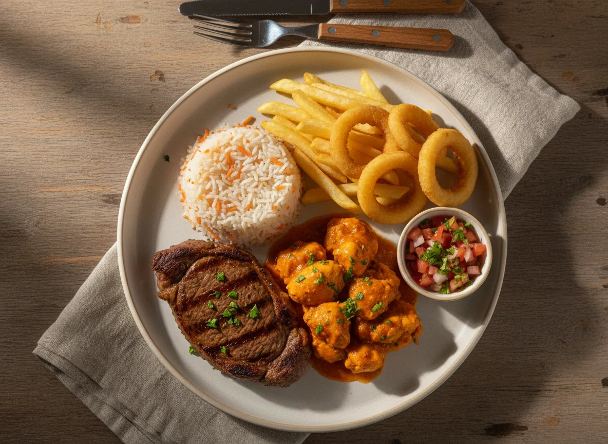 Prato misto com carne, frango, arroz, batata frita e anéis de cebola photo
