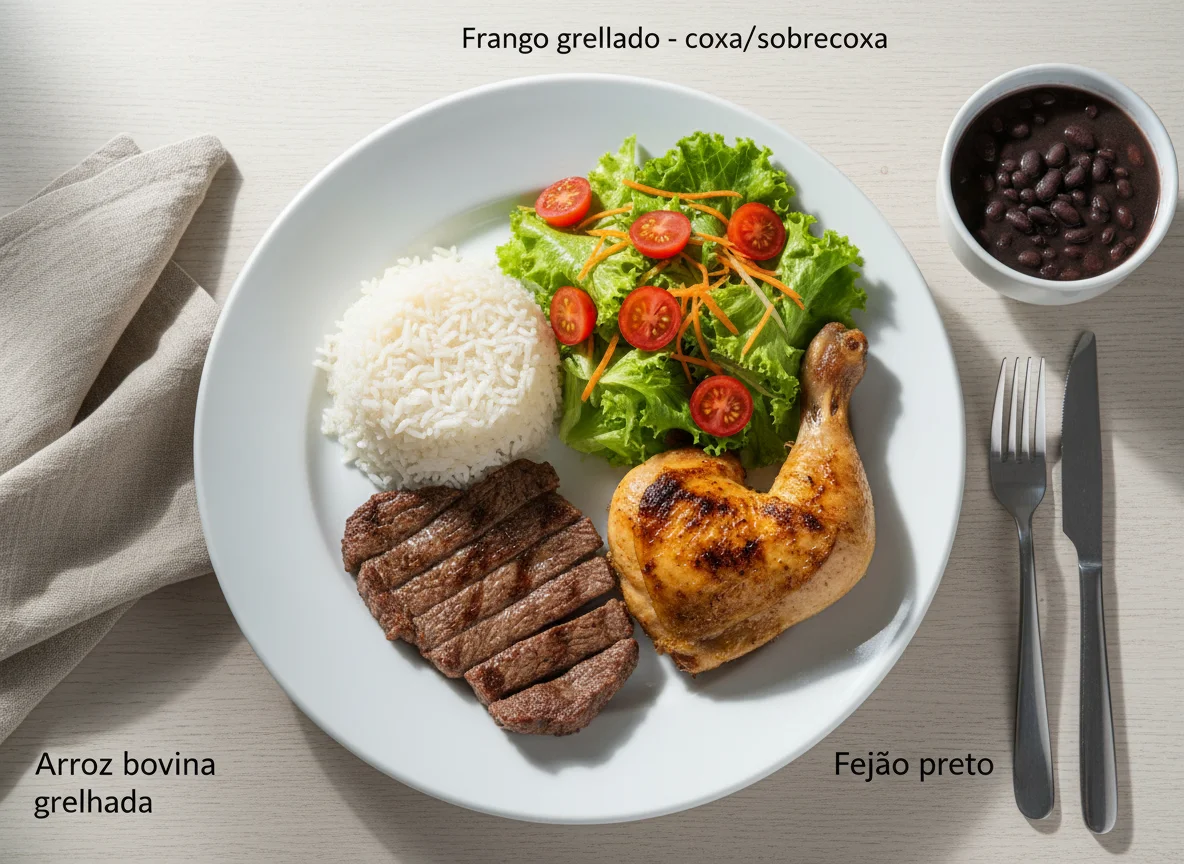 Prato misto com carne, frango, arroz e salada photo