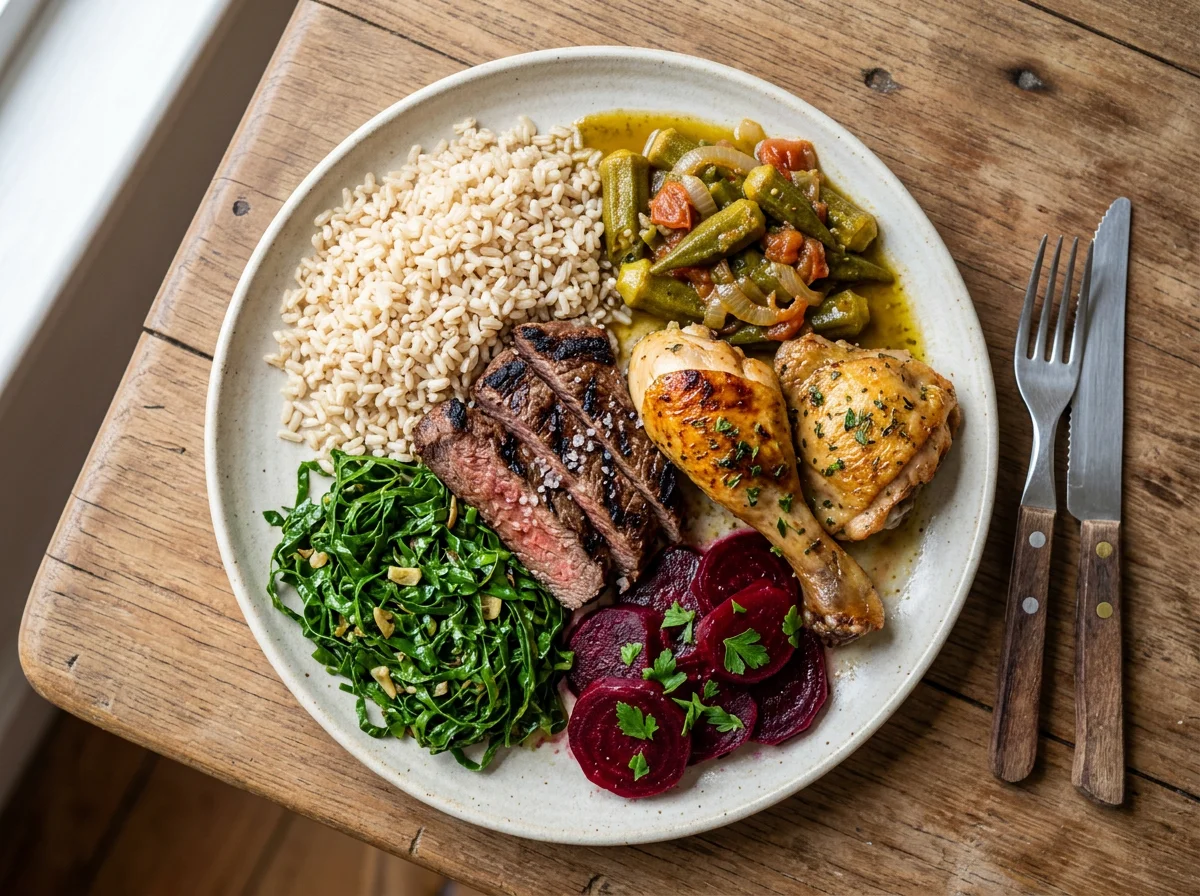 Prato misto com carne, frango, arroz e vegetais photo