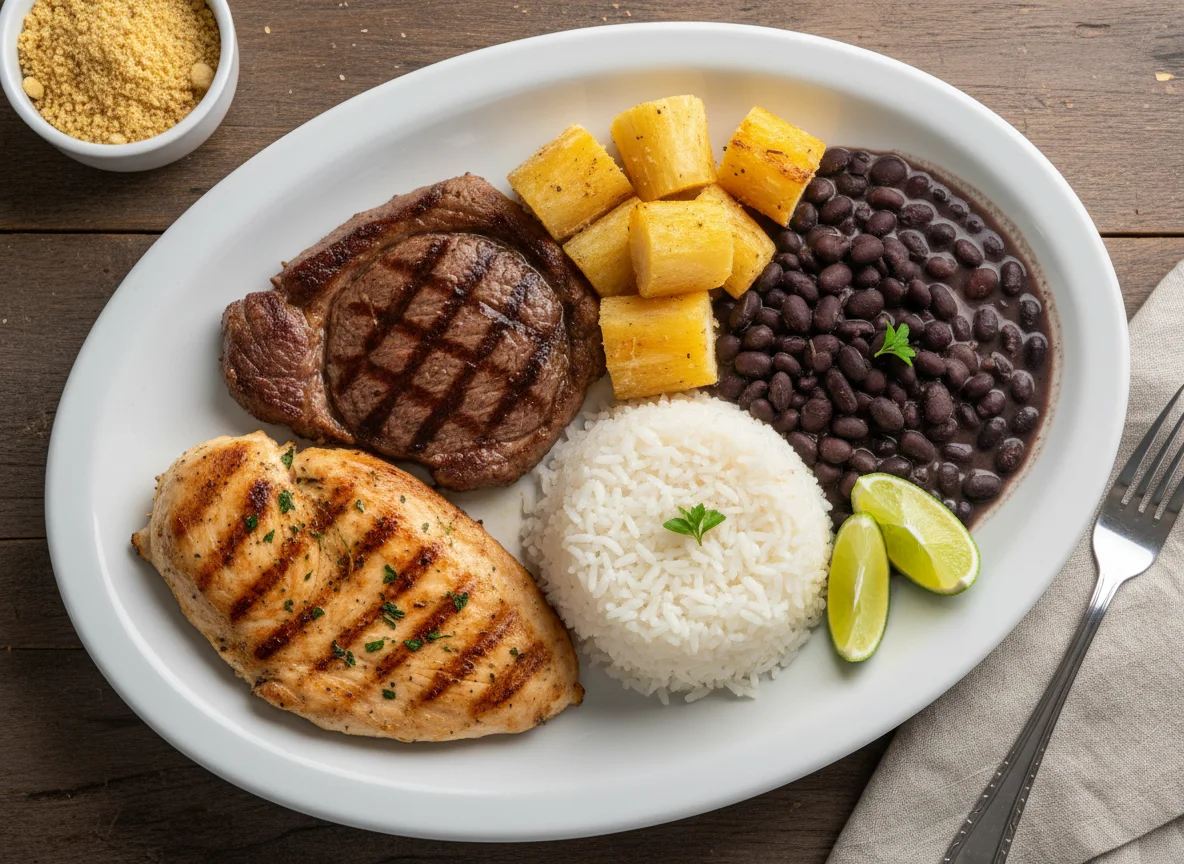 Prato misto com carne, frango, arroz, feijão e mandioca photo