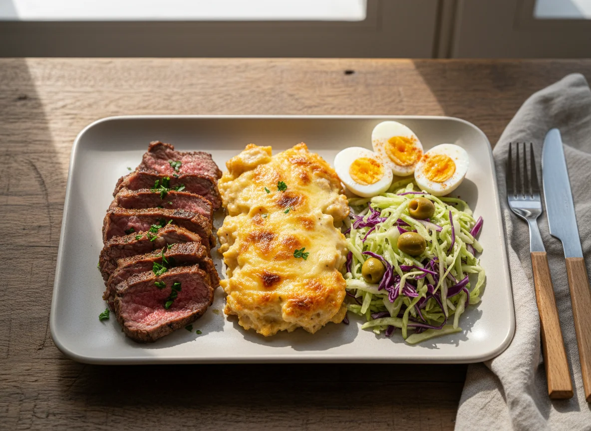 Prato misto com carne, frango cremoso, salada e ovos de codorna photo
