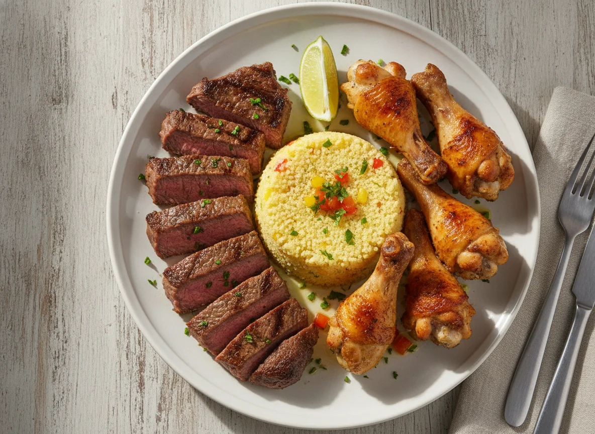 Prato misto com carne, frango e cuscuz photo